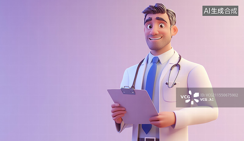 【AI数字艺术】一个卡通风格的医生形象。他穿着白色的大褂，脖子上挂着听诊器，手里拿着一个文件夹，面带微笑图片素材
