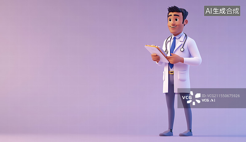 【AI数字艺术】一个卡通风格的医生形象。他穿着白色的大褂，脖子上挂着听诊器，手里拿着一个文件夹，面带微笑图片素材