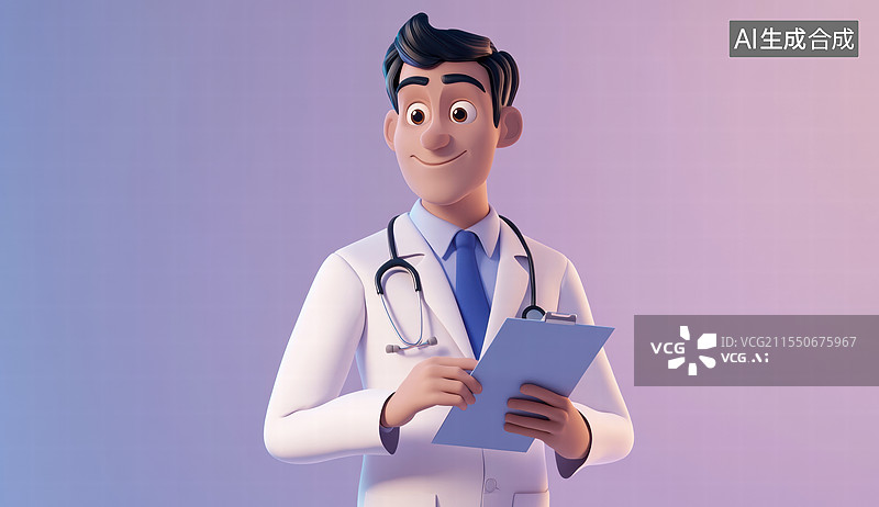 【AI数字艺术】一个卡通风格的医生形象。他穿着白色的大褂，脖子上挂着听诊器，手里拿着一个文件夹，面带微笑图片素材