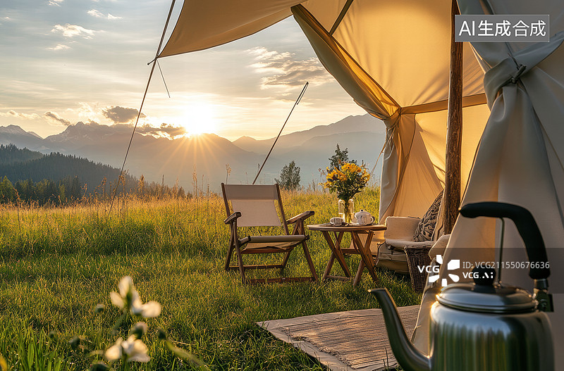 【AI数字艺术】一个户外露营的场景，背景是夕阳西下的美丽景色。画面中有两张舒适的躺椅，上面放着柔软的靠垫和毯子。图片素材