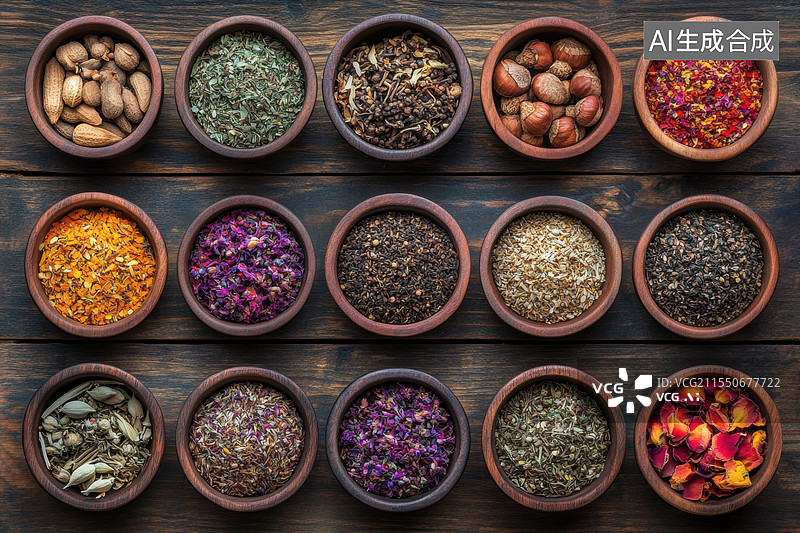 【AI数字艺术】一系列装在小碗中的各种干花、香料和草药。每个小碗都整齐地排列在深色的木质背景上，形成了一个丰富多彩的图片素材