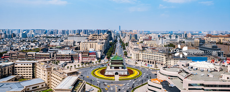 中国陕西西安钟楼环岛和南大街高视角航拍图片素材