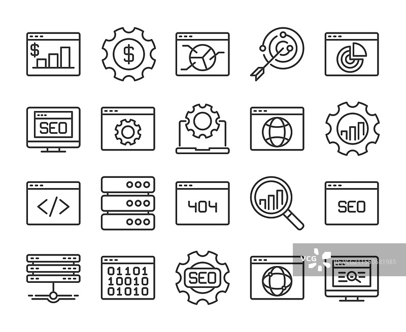 网页图标 SEO 和开发线条图标集图片素材
