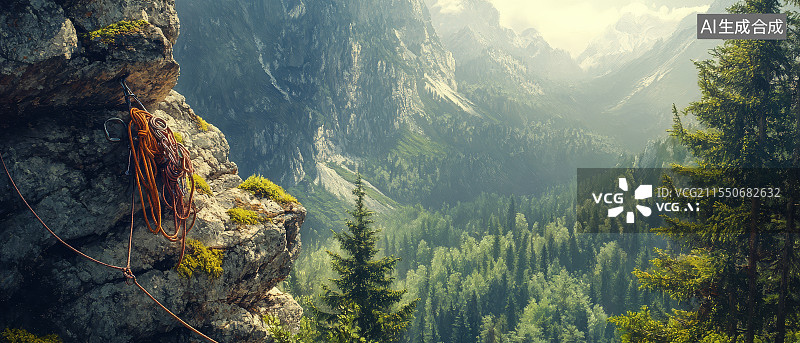 【AI数字艺术】攀岩绳索悬挂于岩石边缘，俯瞰壮丽山谷风景图片素材
