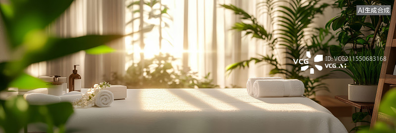 【AI数字艺术】阳光透过窗帘洒在SPA按摩床上，营造宁静舒适氛围图片素材