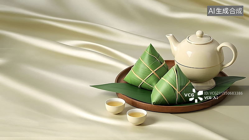 【AI数字艺术】3D端午节粽子粽叶茶壶茶杯绿色背景居右图片素材