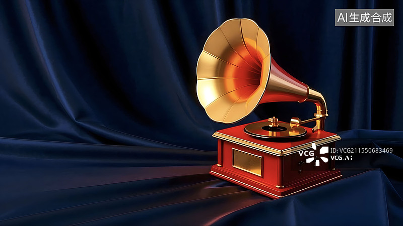 【AI数字艺术】3D复古留声机蓝色丝绸背景居右图片素材