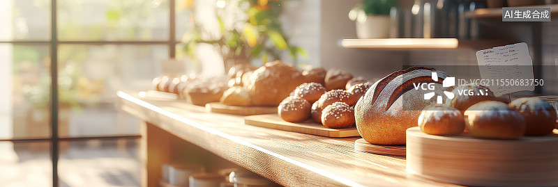 【AI数字艺术】面包店内部插画，展示柜中陈列的各式新鲜面包图片素材