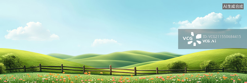 【AI数字艺术】春天的花坡插画，绿草如茵和五彩斑斓的花朵图片素材