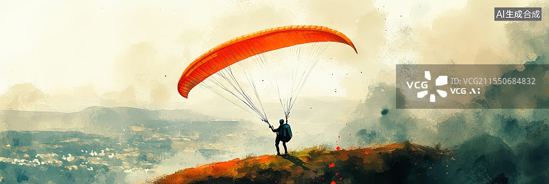 【AI数字艺术】滑翔伞运动员在山巅准备起飞，俯瞰壮丽山谷图片素材