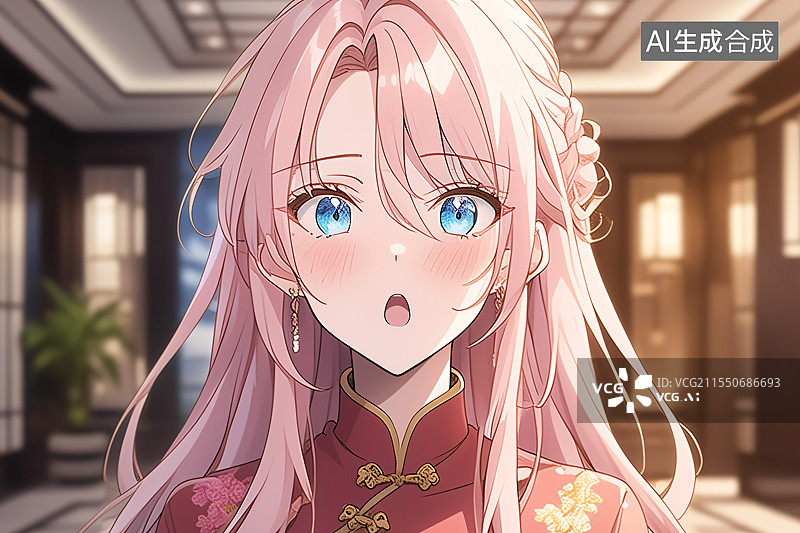 【AI数字艺术】插画中身着旗袍的粉色头发美女站在中式现代装修的室内，融合优雅、文化与精致，适合作为小说或图书封面设计图片素材