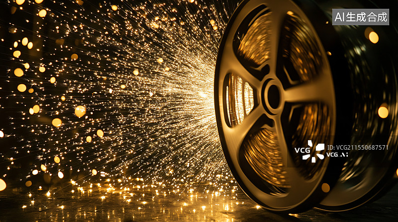 【AI数字艺术】发光的电影胶片放映轮旋转，象征着娱乐产业、电影放映、票房成功以及影院中的电影魅力图片素材