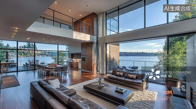 【AI数字艺术】现代湖景豪宅客厅图片素材