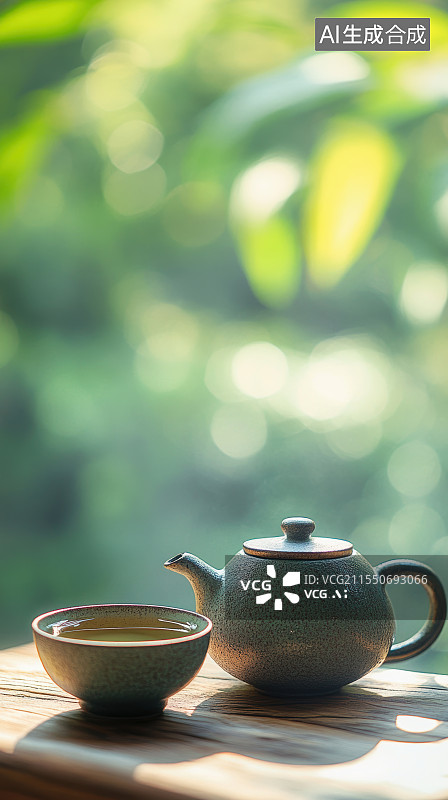 【AI数字艺术】自然绿色背景下的茶壶与茶杯图片素材