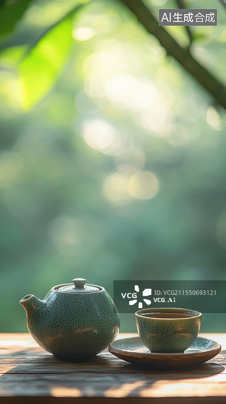 【AI数字艺术】自然绿色背景下的茶壶与茶杯图片素材