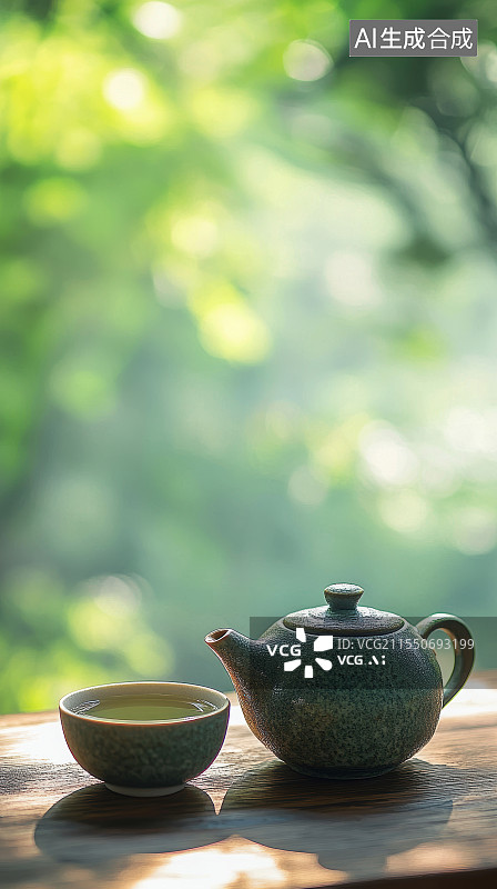 【AI数字艺术】自然绿色背景下的茶壶与茶杯图片素材