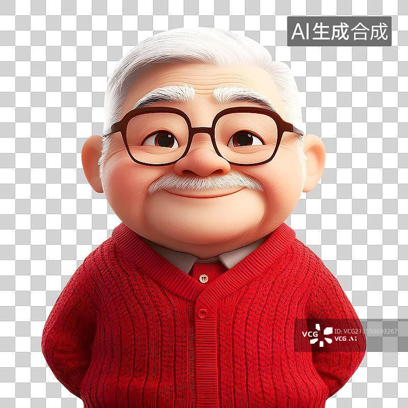 【AI数字艺术】3D卡通老年人祖父 春节新年红色毛衣半身像图片素材