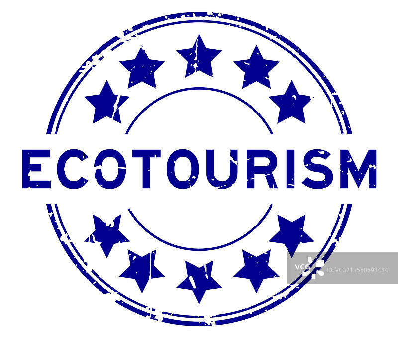 蓝色复古风格的生态旅游字样，带星形图标的圆形设计图片素材