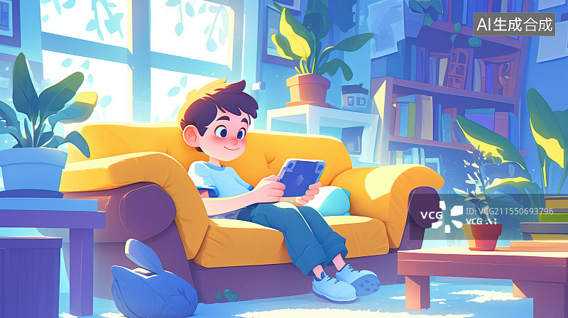 【AI数字艺术】小男孩坐在沙发上玩电子设备图片素材