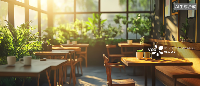 【AI数字艺术】阳光透过窗户洒在咖啡馆，绿植环绕，温馨舒适环境图片素材