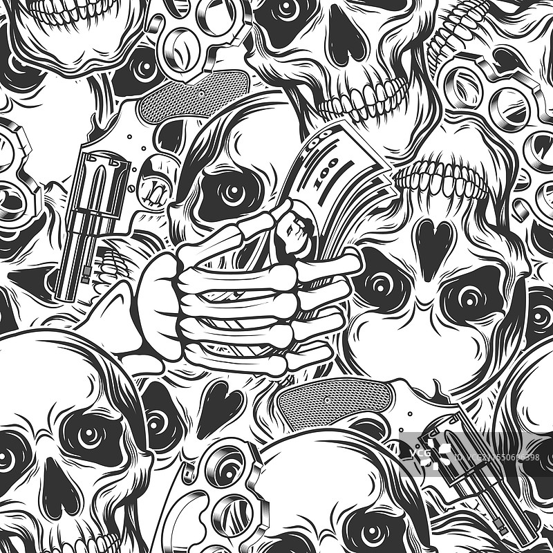 黑帮风格的无缝图案，带有骷髅和拳头图案图片素材