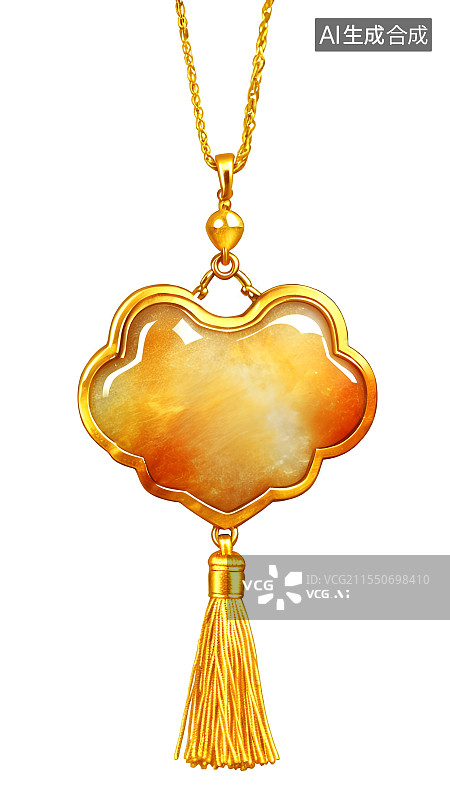 【AI数字艺术】国风手绘插画，古风黄金翡翠玉石饰品，玉佩，长命锁，如意锁，宝宝锁，金镶玉流苏挂件装饰图片素材