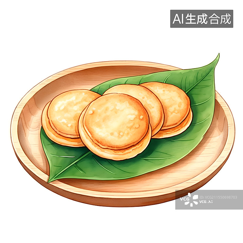 【AI数字艺术】国风手绘插画，中式传统美食小吃，牛肉馅饼，烧饼，铜锣烧图片素材