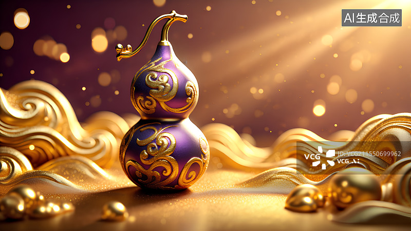 【AI数字艺术】3D渲染，中国风背景图，壁纸，国风宝葫芦，黄金葫芦，酒葫芦，金色背景图片素材