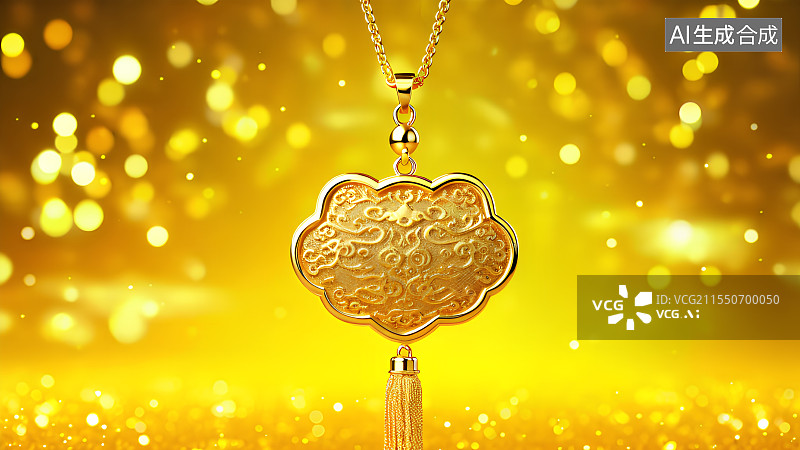 【AI数字艺术】3D渲染，中国风黄金如意挂件，长命锁，婚礼背景图，壁纸，黄金首饰图片素材
