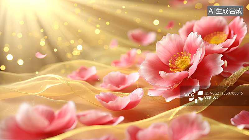 【AI数字艺术】3D渲染，中国风花瓣背景图，壁纸，春天飞舞的花瓣和丝绸图片素材