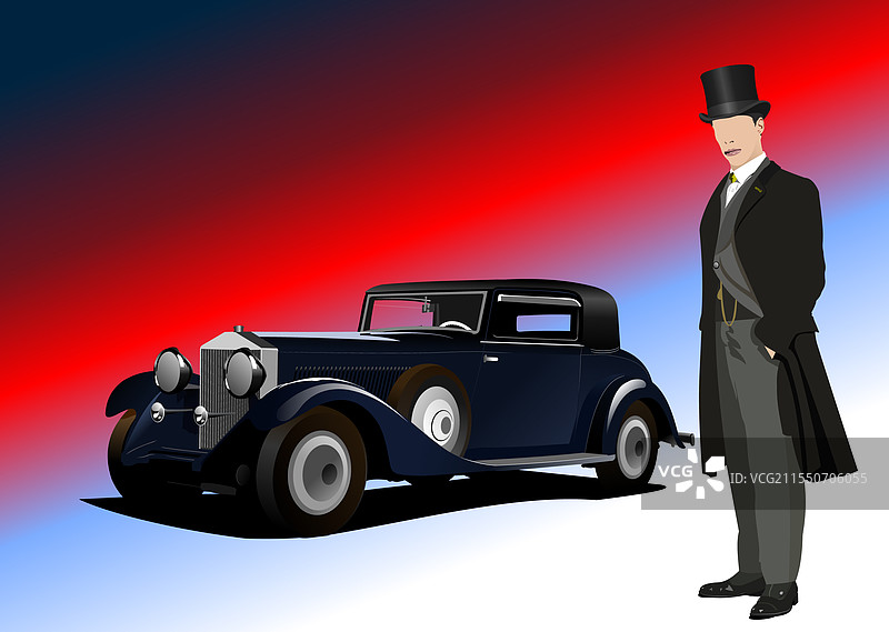 奢华的老式稀有汽车与绅士的3D图像图片素材