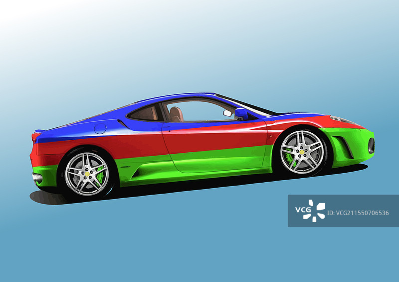 三色运动跑车的侧视图 3D 手绘图片素材