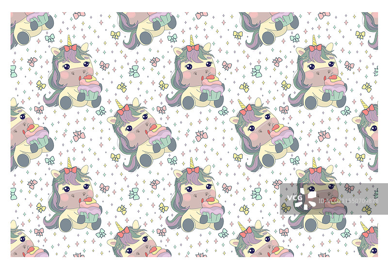 无缝重复图案，带有可爱的独角兽和图片素材
