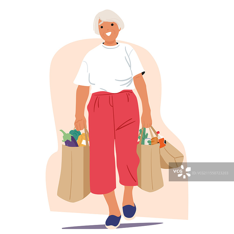 购物的老年女性卡通角色正在走路图片素材