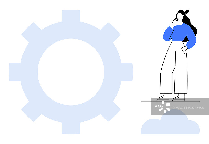 思考中的女性与大型齿轮和云朵相伴图片素材