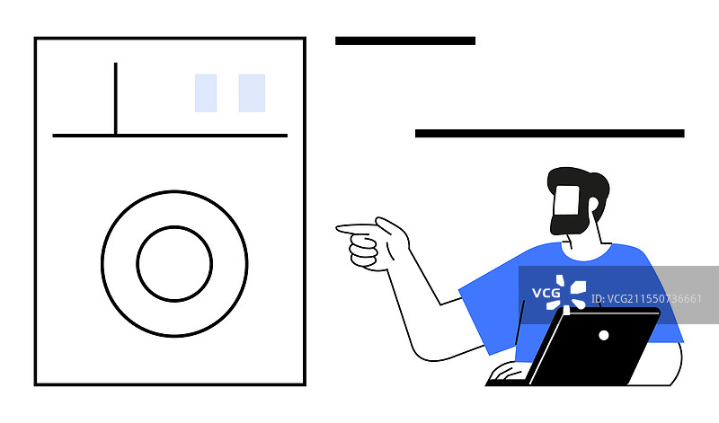 蓝衣男子指着洗衣机，旁边有一台笔记本电脑图片素材