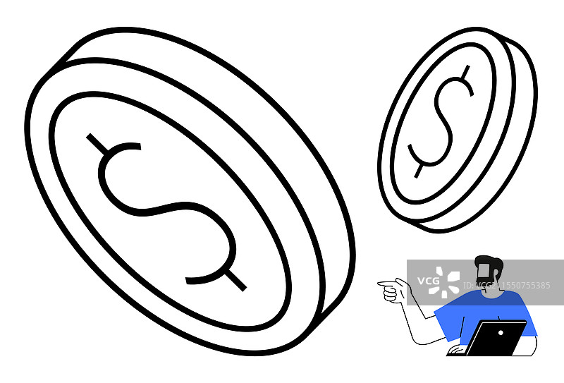 大美元硬币和指着笔记本电脑的人图片素材