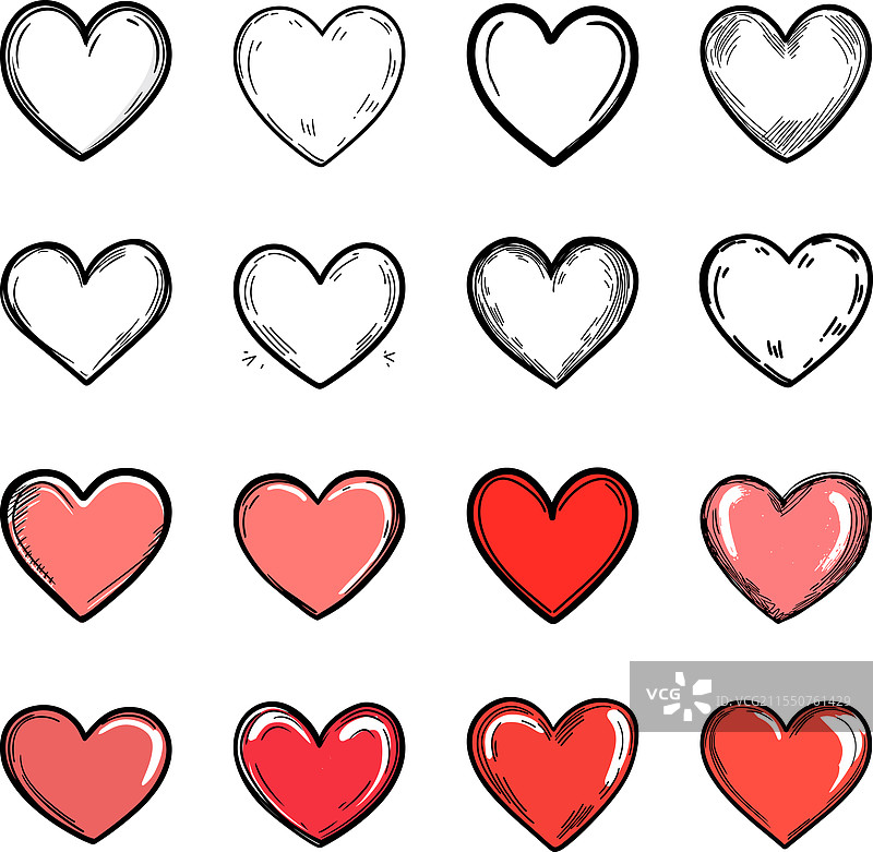 一组包含十六个不同样式的心形图标图片素材