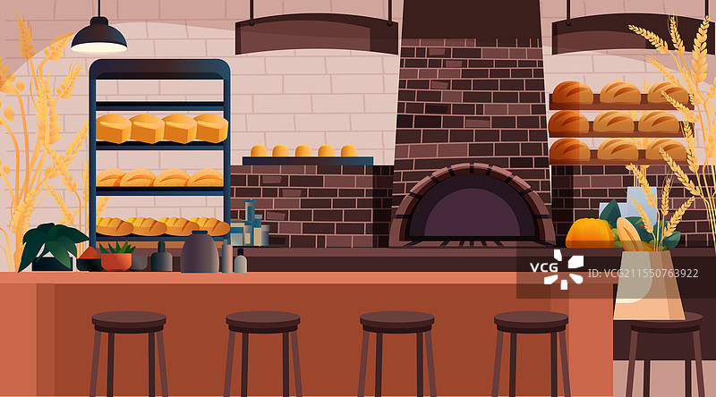 面包架的面包店内部，温馨的咖啡馆场景图片素材