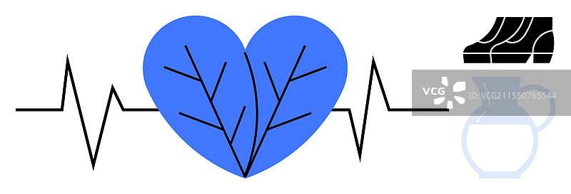 带叶脉的蓝色心脏与心电图线和水壶图片素材