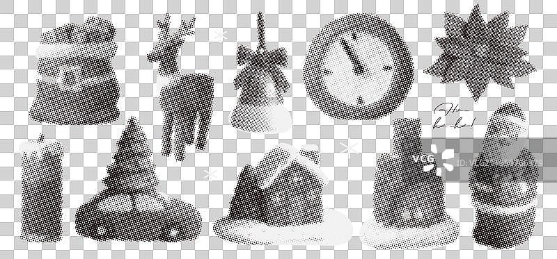 可爱的圣诞元素集合，采用天真的半色调风格图片素材