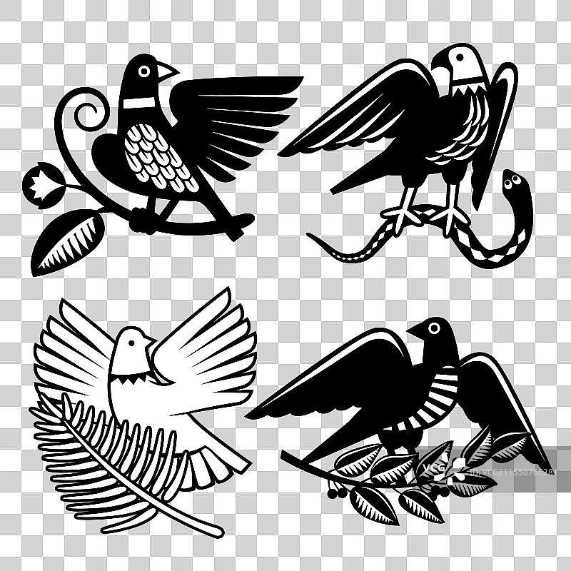 一组黑白装饰性卡通鸟图片素材