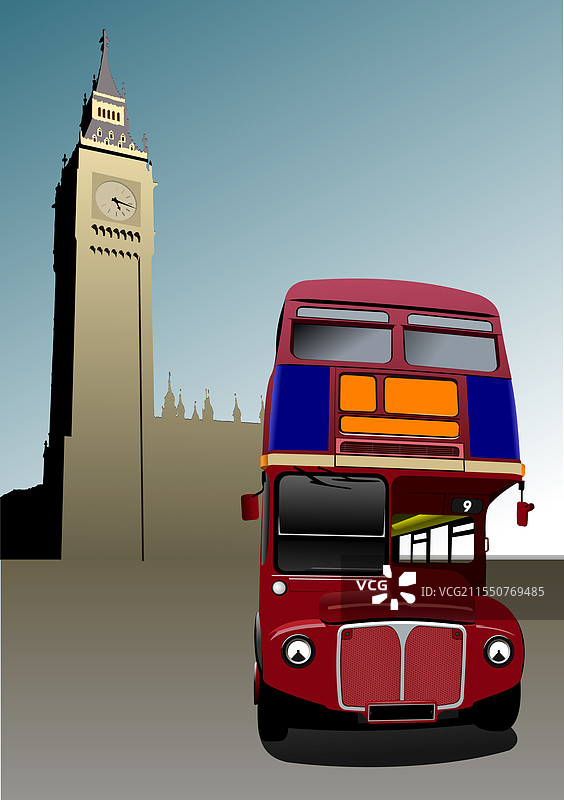 伦敦红色双层巴士在背景中的3D效果图片素材