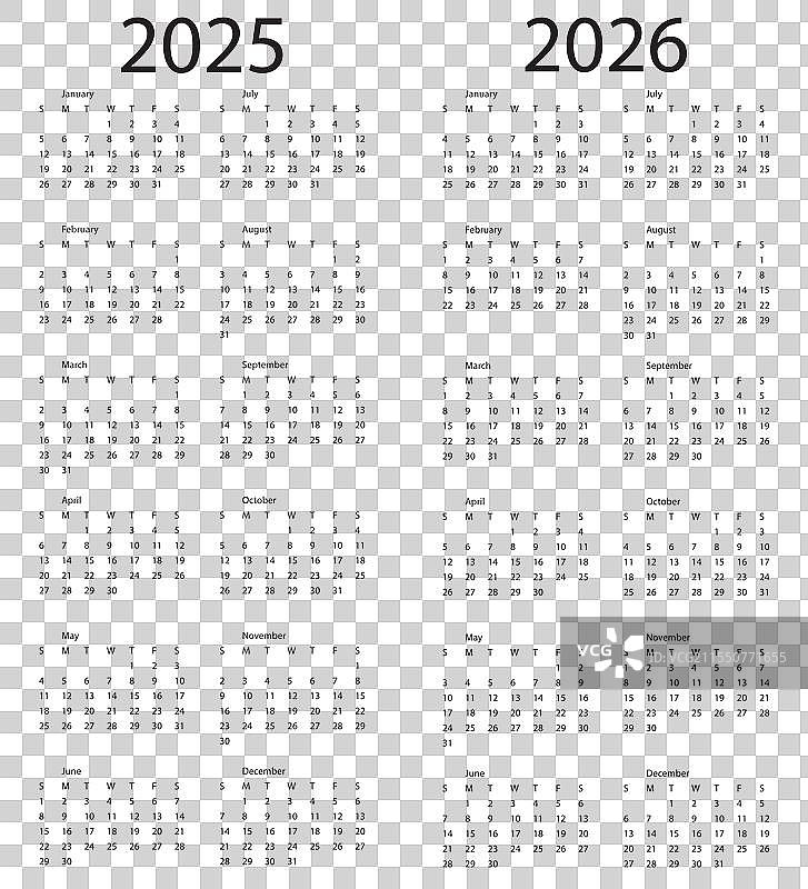 2025年和2026年的日历，周的开始时间图片素材