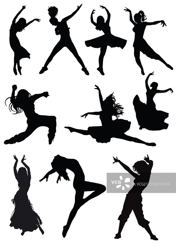 黑白舞动女孩的剪影图片素材