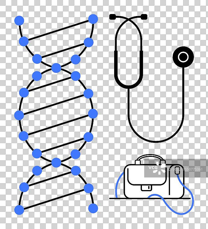 DNA螺旋、听诊器和医生包的象征图片素材