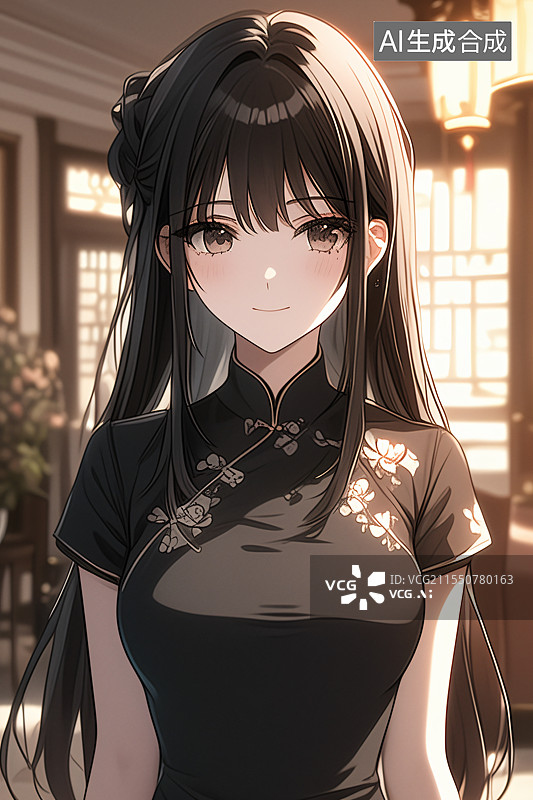 【AI数字艺术】插画中身着旗袍的美女站在中式现代装修的室内，融合优雅、文化与精致，适合作为小说或图书封面设计图片素材