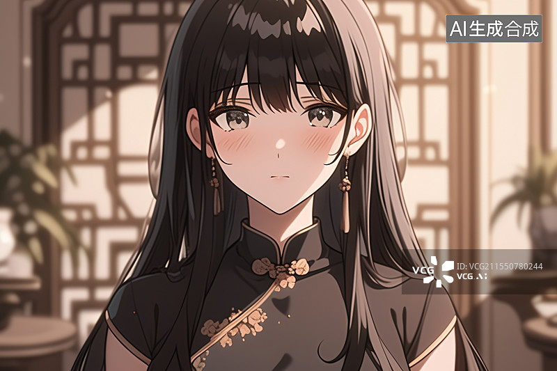 【AI数字艺术】插画中身着旗袍的美女站在中式现代装修的室内，融合优雅、文化与精致，适合作为小说或图书封面设计图片素材