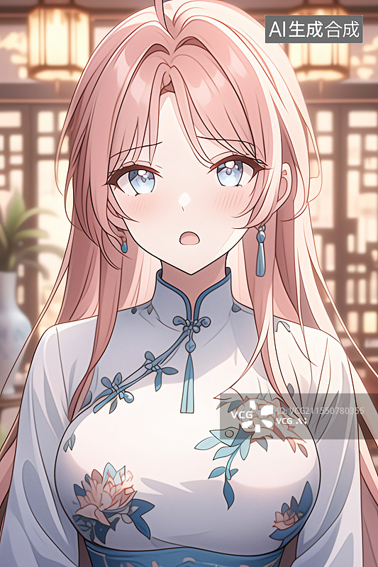 【AI数字艺术】插画中身着旗袍的粉色头发美女站在中式现代装修的室内，融合优雅、文化与精致，适合作为小说或图书封面设计图片素材