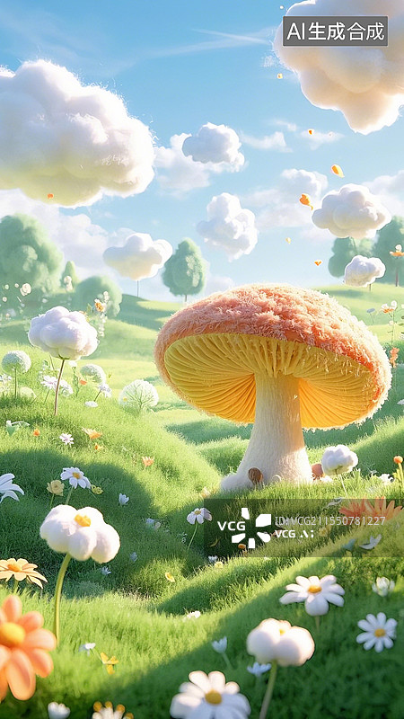 【AI数字艺术】清新春天毛绒质感海报——蓝天 白云 草地 野花 蘑菇图片素材